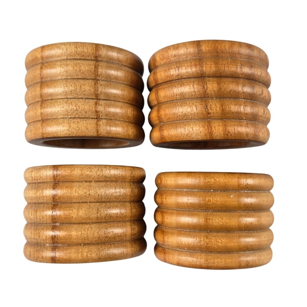 Vintage Set of 4 Ribbed Wooden Napkin Rings Natural Wood Mid Century Modern MCM